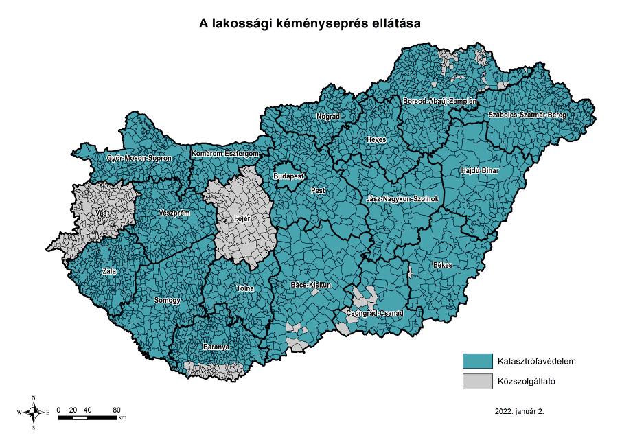 Térkép arról, hogy a lakossági kéményseprést a katasztrófavédelem, vagy közszolgáltató látja-e el Magyarország egyes területein.